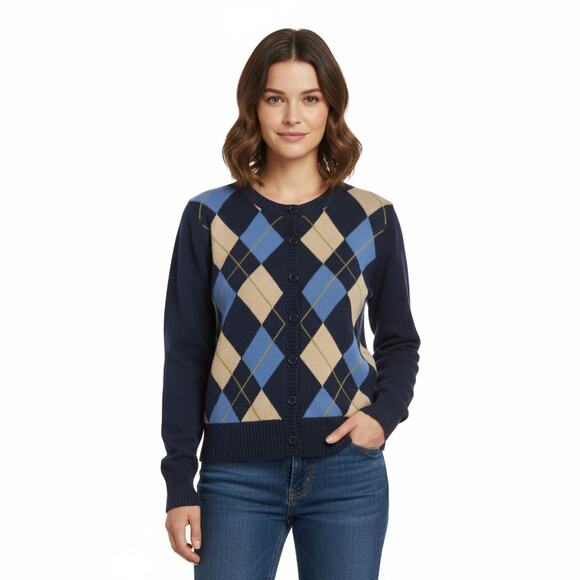 Y2K Vintage Argyle Cardigan NorthCrest L Blue Tan Cotton GUC Preppy Academia - Picture 1 of 8